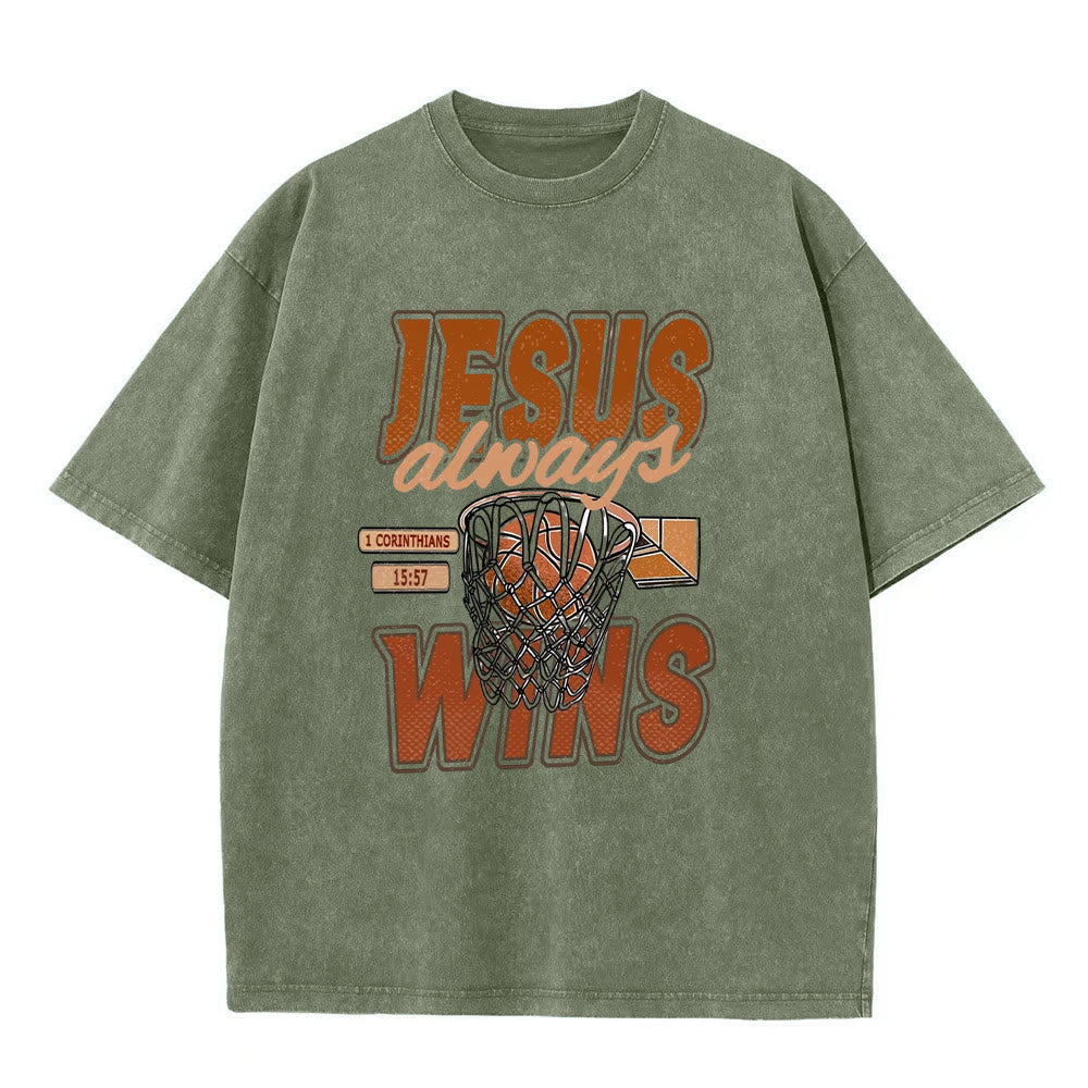 Christianartworkshop Jesus Always Wins Basketball Graphic Unisex Washed T-shirt - Army Green - 5XL - image 6