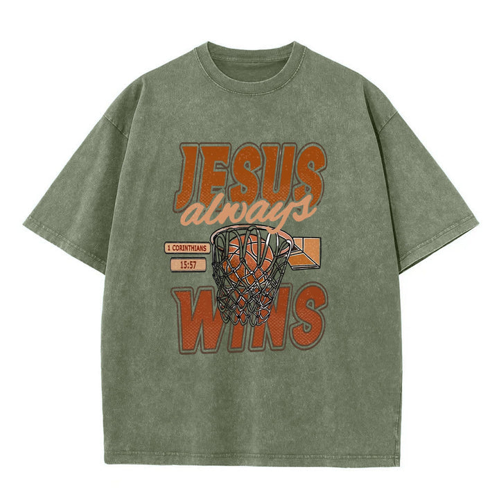 Christianartworkshop Jesus Always Wins Basketball Graphic Unisex Washed T-shirt - Army Green - 5XL - image 6