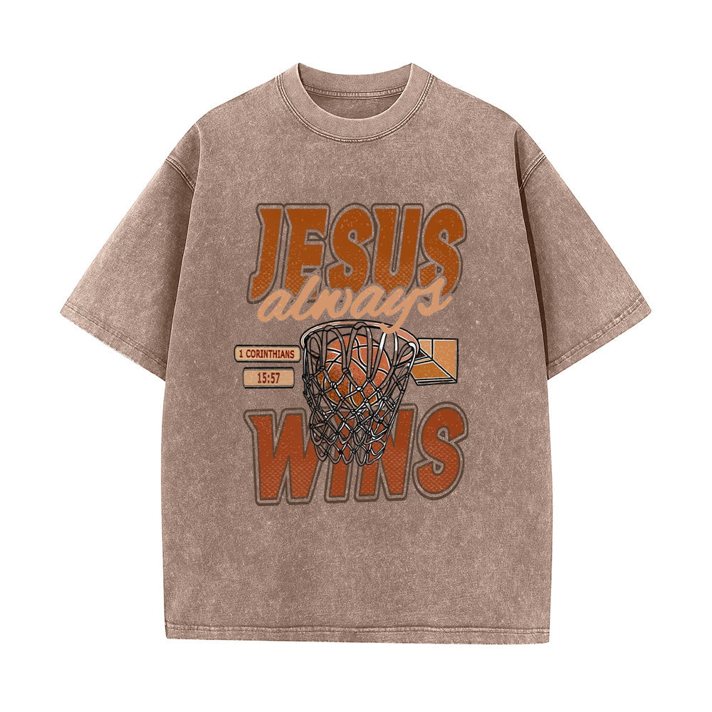 Christianartworkshop Jesus Always Wins Basketball Graphic Unisex Washed T-shirt - Coffee - 5XL - image 1