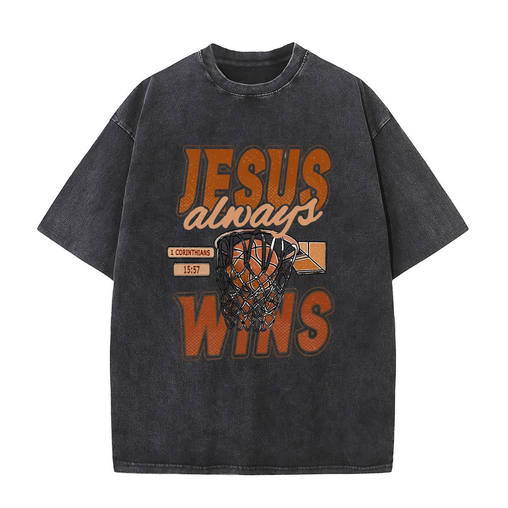Christianartworkshop Jesus Always Wins Basketball Graphic Unisex Washed T-shirt - Black - 5XL - image 7