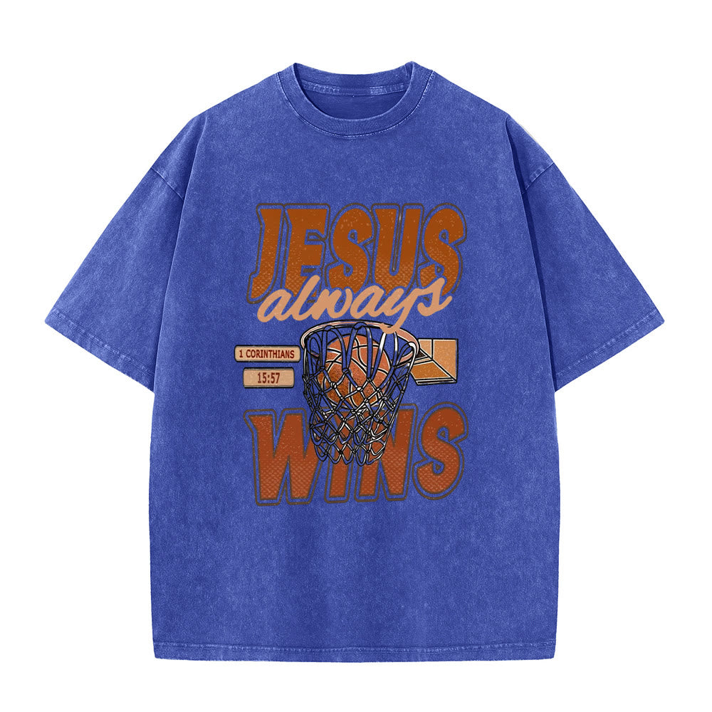 Christianartworkshop Jesus Always Wins Basketball Graphic Unisex Washed T-shirt - Blue - 5XL - image 8