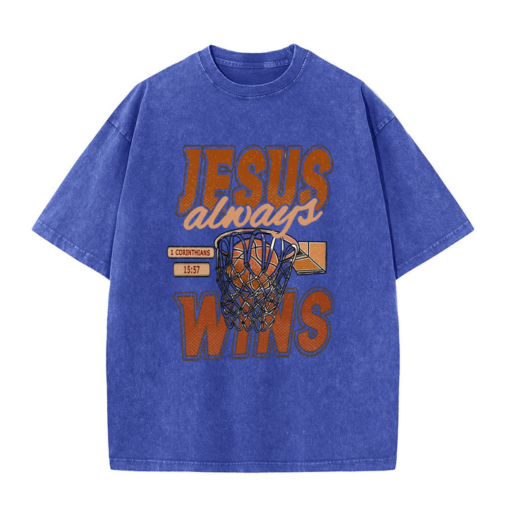Christianartworkshop Jesus Always Wins Basketball Graphic Unisex Washed T-shirt - Blue - 5XL - image 8
