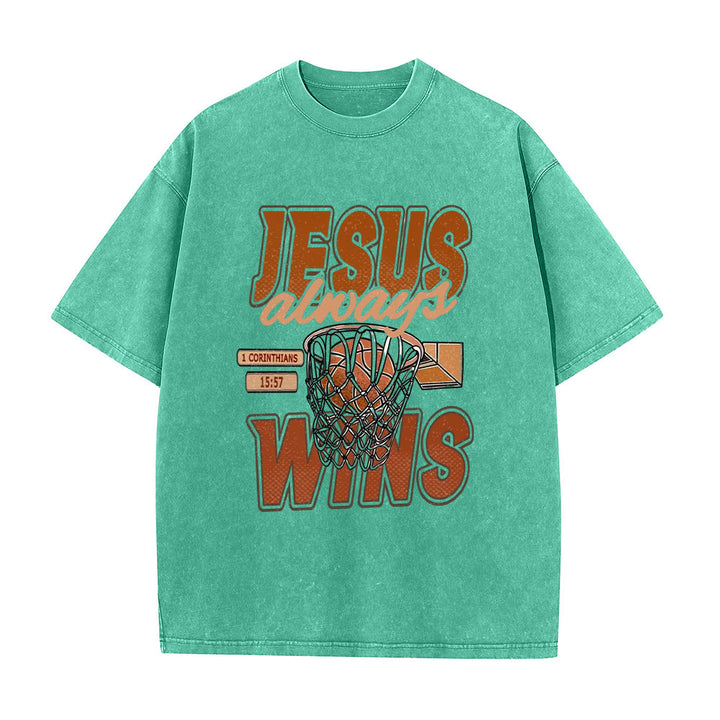 Christianartworkshop Jesus Always Wins Basketball Graphic Unisex Washed T-shirt - Green - 5XL - image 4