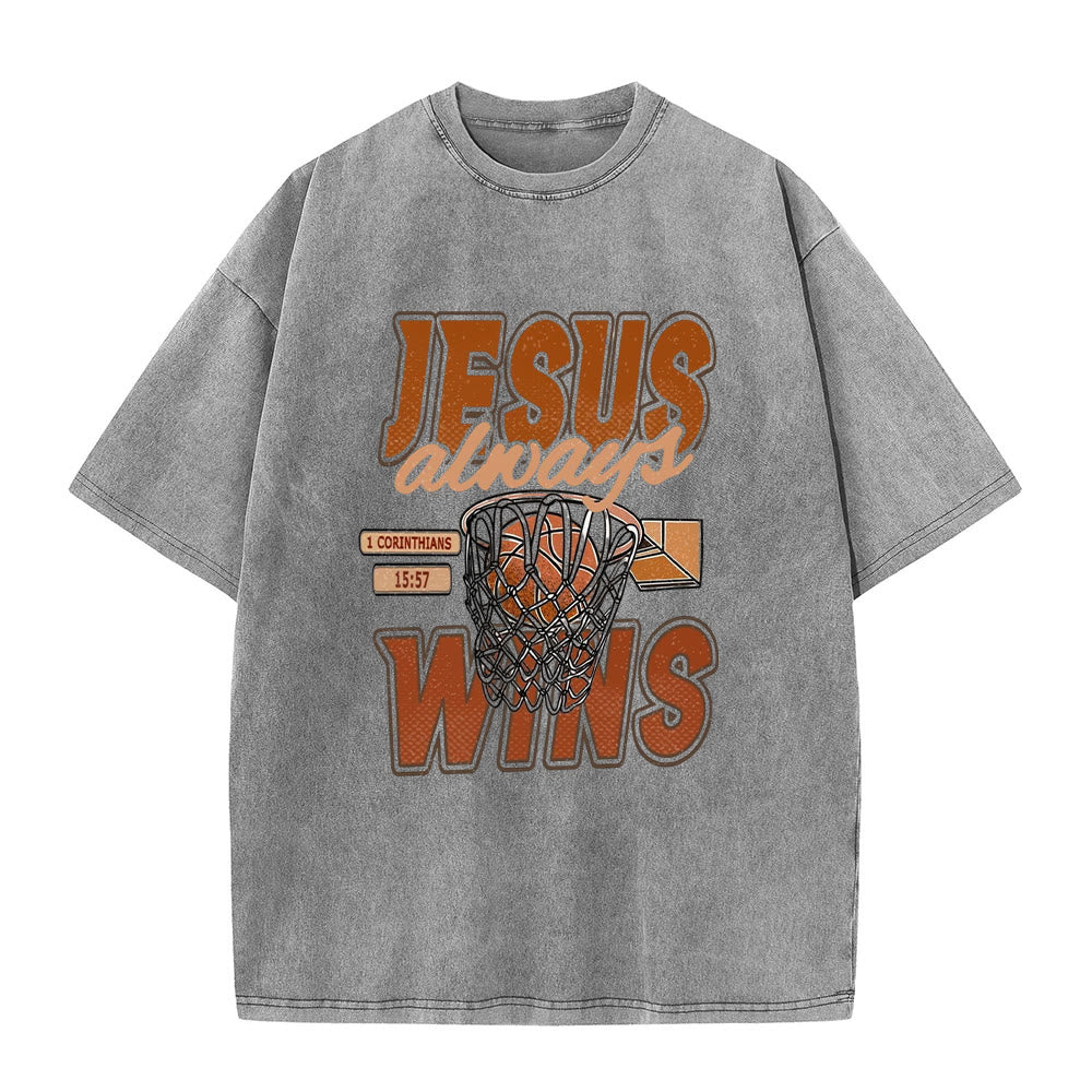Christianartworkshop Jesus Always Wins Basketball Graphic Unisex Washed T-shirt - Grey - 5XL - image 5