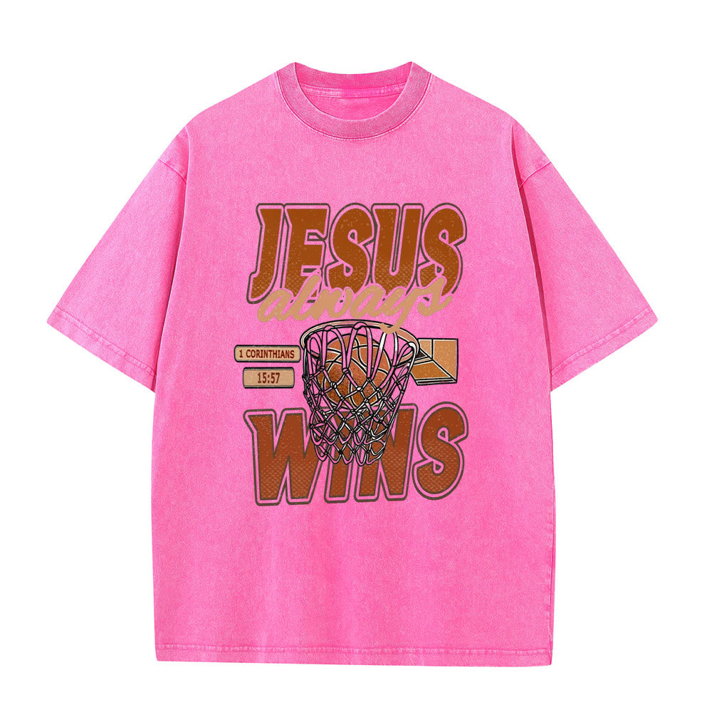 Christianartworkshop Jesus Always Wins Basketball Graphic Unisex Washed T-shirt - Pink - 5XL - image 3