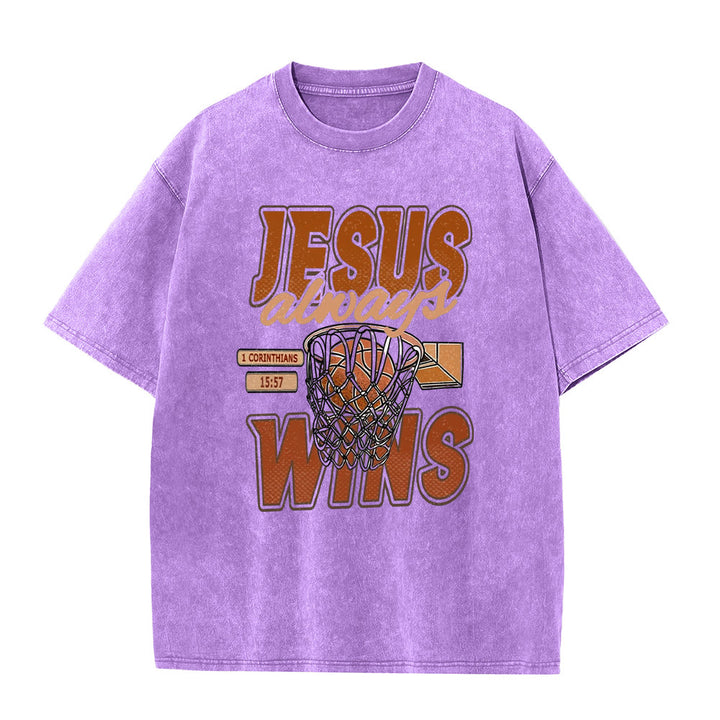 Christianartworkshop Jesus Always Wins Basketball Graphic Unisex Washed T-shirt - Purple - 5XL - image 2