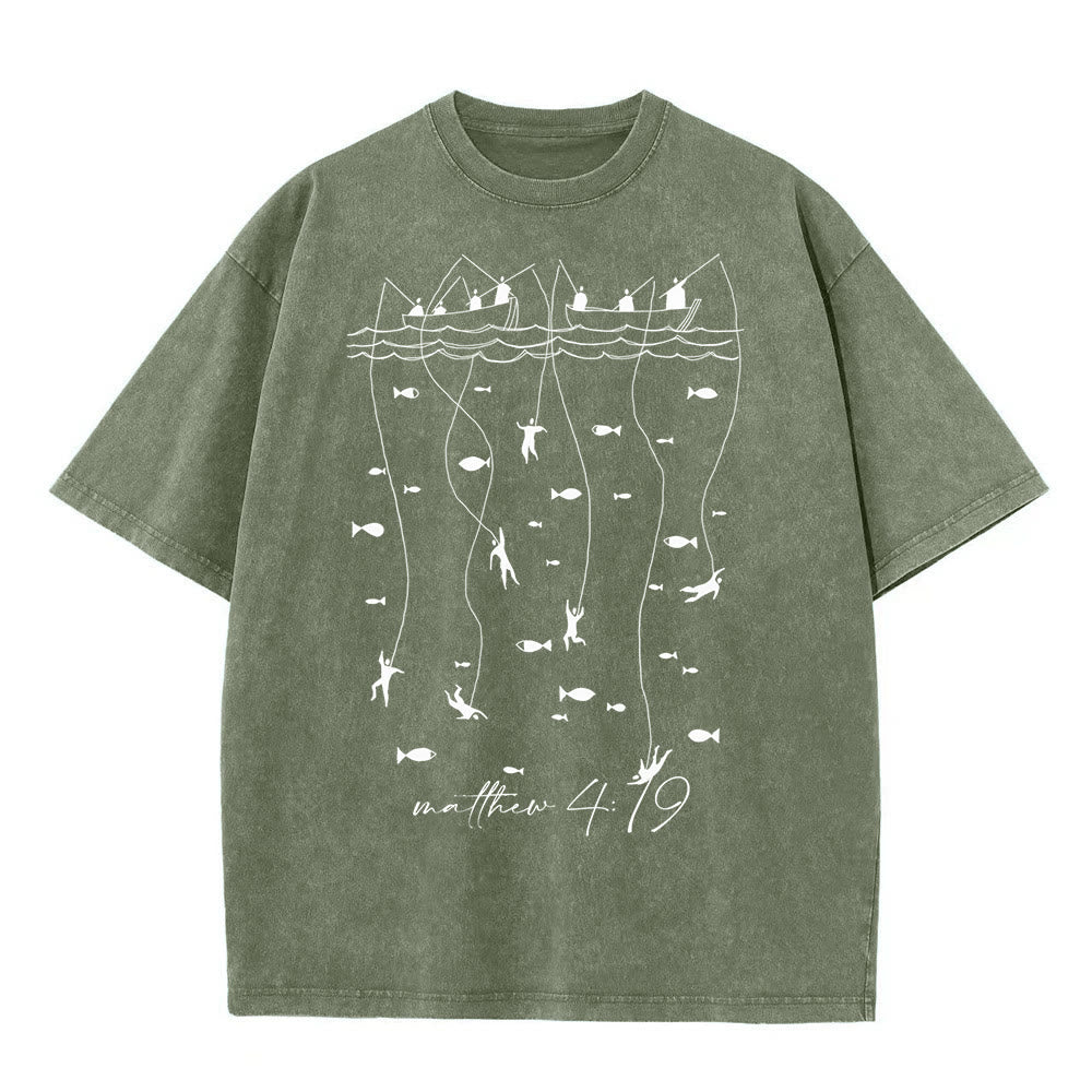Christianartworkshop Biblical Fishing Narrative Unisex Washed T-shirt - Army Green - 5XL - image 4