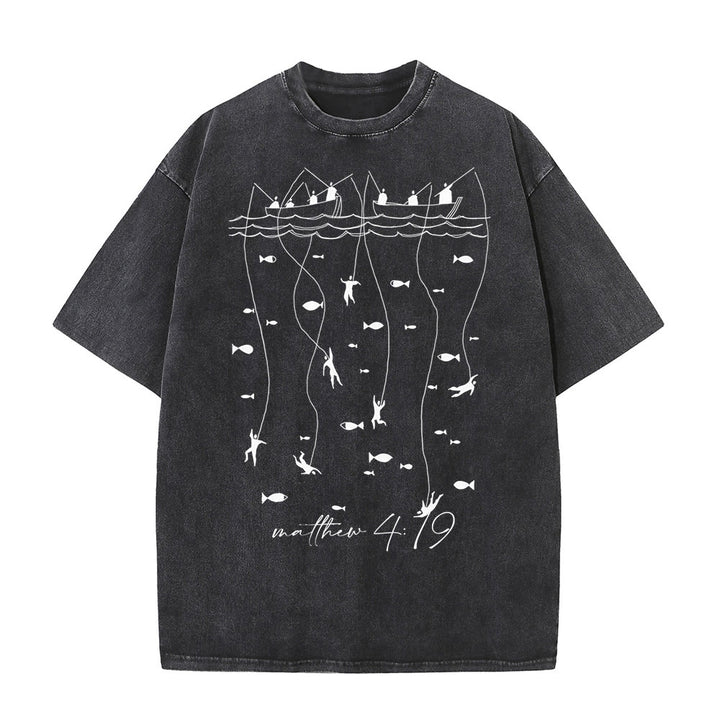 Christianartworkshop Biblical Fishing Narrative Unisex Washed T-shirt - Black - 5XL - image 3