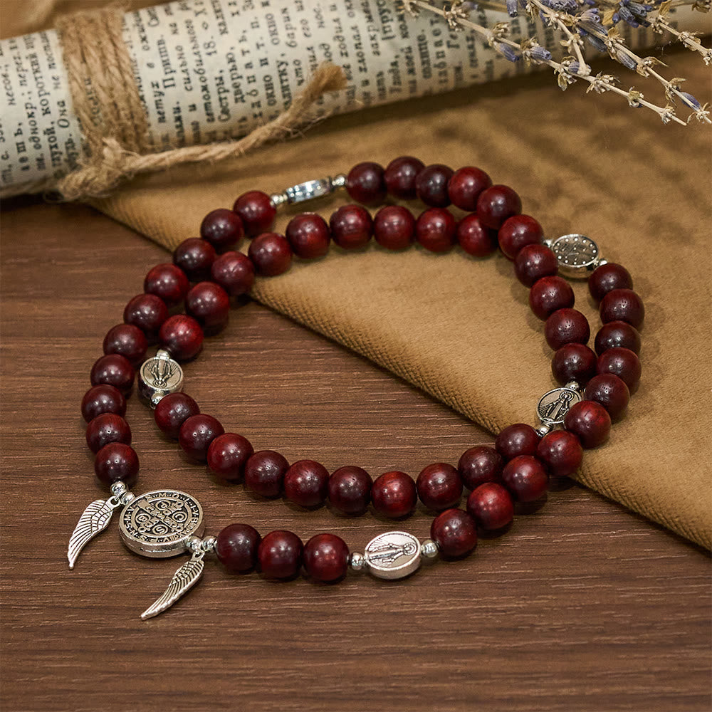 Christianartworkshop St. Benedict & Miraculous Medal Wooden Bead Dual Guardian Bracelet - image 11