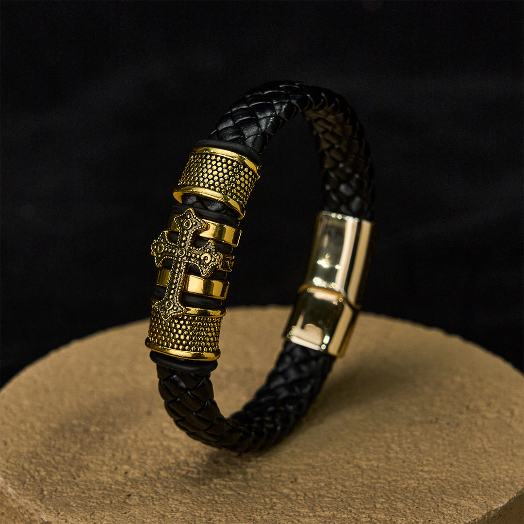 Christianartworkshop Classic Two-Tone Holy Cross Leather Bracelet with Braided Design - Golden - image 3