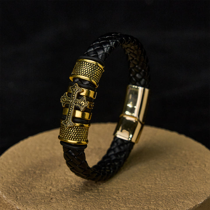 Christianartworkshop Classic Two-Tone Holy Cross Leather Bracelet with Braided Design - Golden - image 3