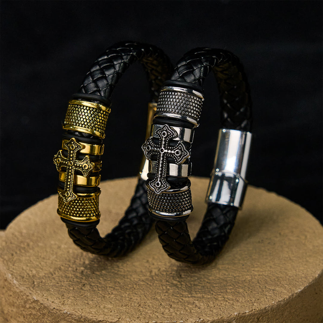 Christianartworkshop Classic Two-Tone Holy Cross Leather Bracelet with Braided Design - image 2