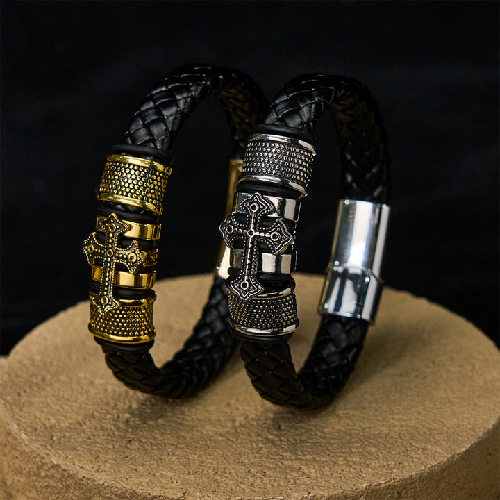 Christianartworkshop Classic Two-Tone Holy Cross Leather Bracelet with Braided Design - image 2