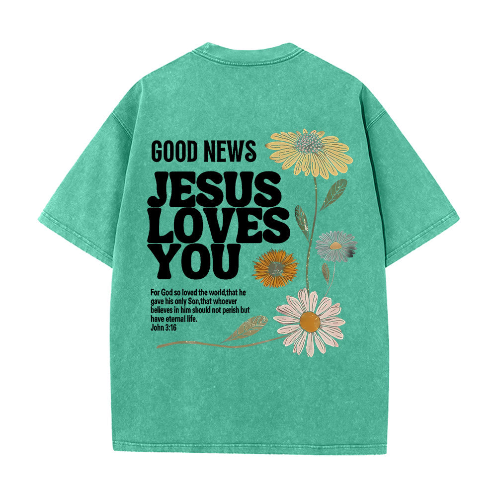 Christianartworkshop Good News Jesus Loves You Unisex Washed T-shirt - Green - 5XL - image 8