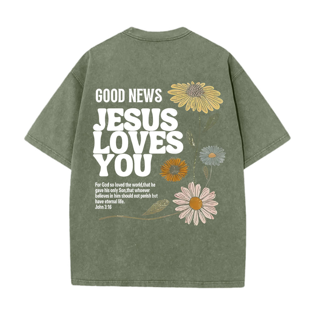 Christianartworkshop Good News Jesus Loves You Unisex Washed T-shirt - Army Green - 5XL - image 10