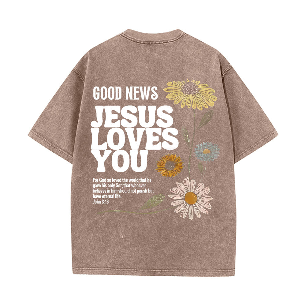 Christianartworkshop Good News Jesus Loves You Unisex Washed T-shirt - Coffee - 5XL - image 16