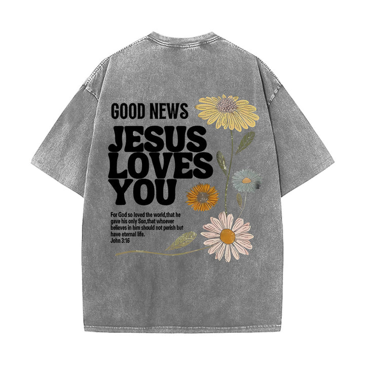 Christianartworkshop Good News Jesus Loves You Unisex Washed T-shirt - Grey - 5XL - image 12