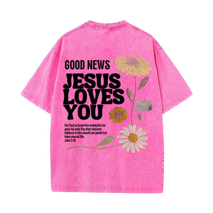 Christianartworkshop Good News Jesus Loves You Unisex Washed T-shirt - Pink - 5XL - image 6