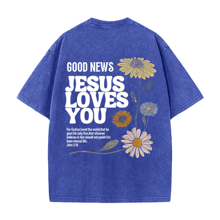 Christianartworkshop Good News Jesus Loves You Unisex Washed T-shirt - Blue - 5XL - image 4