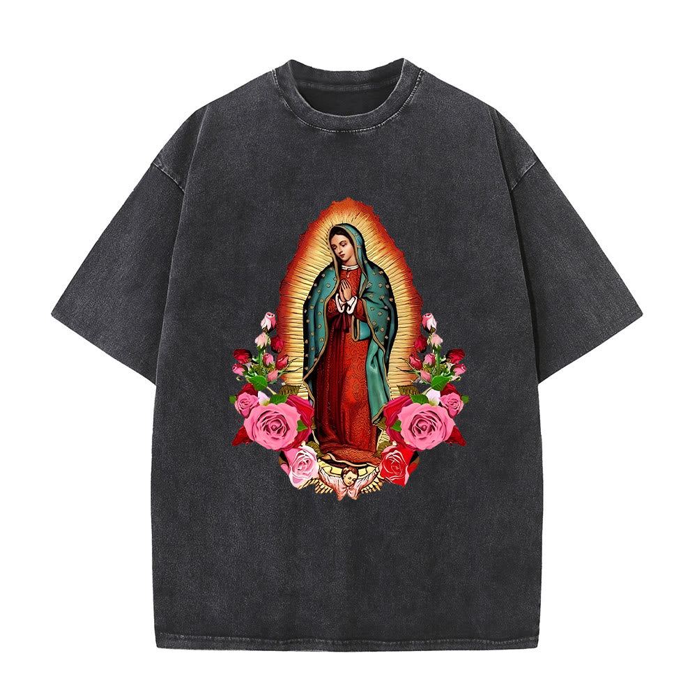 Christianartworkshop Vintage Our Lady of Guadalupe Floral Faith Unisex Washed T-Shirt - Black - 5XL - image 0