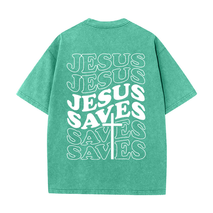 Christianartworkshop Jesus Saves Cross Graphic Unisex Washed T - Shirt - Green - 5XL - image 12
