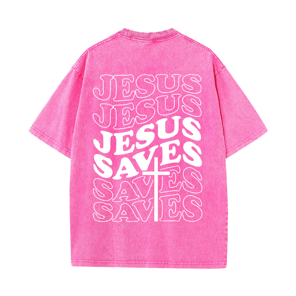 Christianartworkshop Jesus Saves Cross Graphic Unisex Washed T - Shirt - Pink - 5XL - image 10