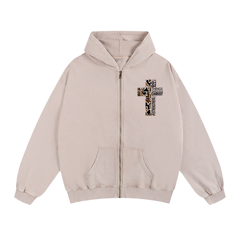 Christianartworkshop Cross Motif Zip-Up Hooded Jacket: All Things Through Christ for Church & Daily - Apricot - 2XL - image 7