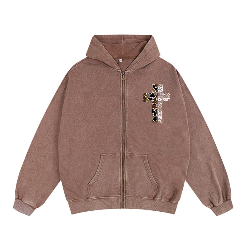 Christianartworkshop Cross Motif Zip-Up Hooded Jacket: All Things Through Christ for Church & Daily - Coffee - 2XL - image 5