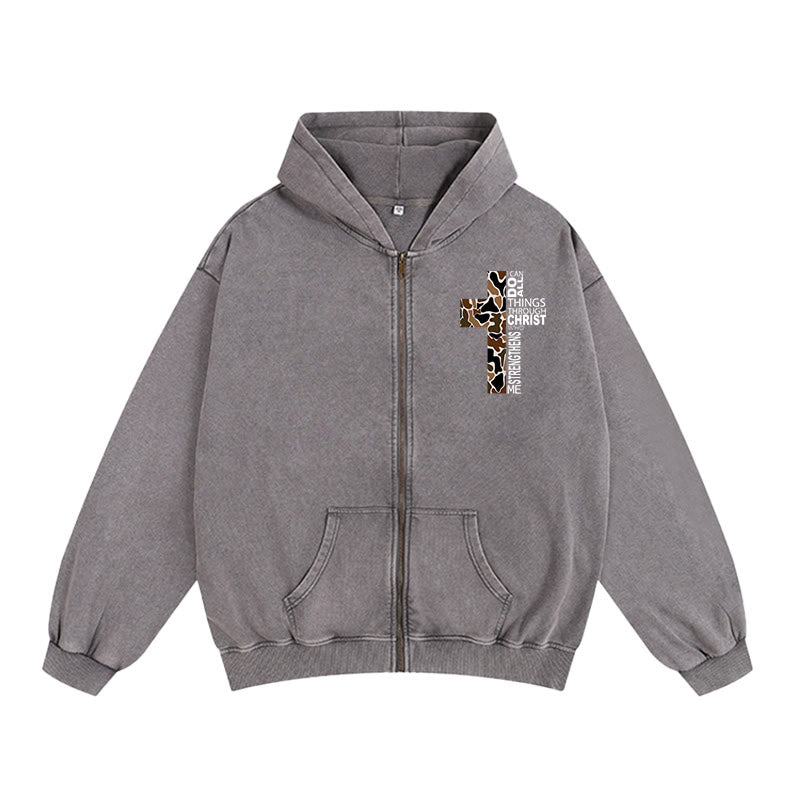 Christianartworkshop Cross Motif Zip-Up Hooded Jacket: All Things Through Christ for Church & Daily - Grey - 2XL - image 3