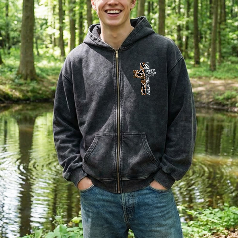 Christianartworkshop Cross Motif Zip-Up Hooded Jacket: All Things Through Christ for Church & Daily - image 1
