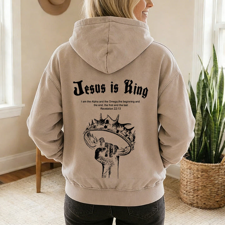 Christianartworkshop Jesus is King Zip-Up Hooded Jacket: Stylish Faith with Revelation 22:13 - image 2