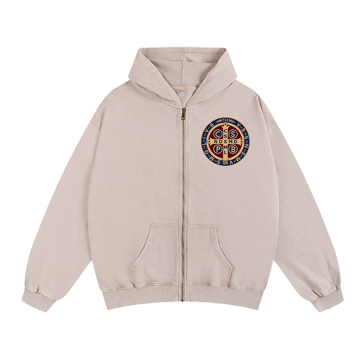 Christianartworkshop St. Benedict Cross Zip-Up Hooded Jacket: Faith Protection for Daily Wear - Apricot - 2XL - image 7