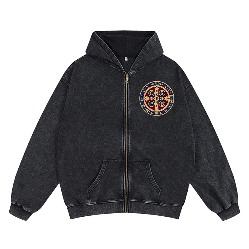 Christianartworkshop St. Benedict Cross Zip-Up Hooded Jacket: Faith Protection for Daily Wear - Black - 2XL - image 4