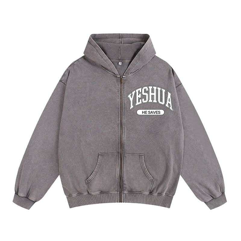 Christianartworkshop YESHUA He Saves Graphic Zip-Up Hooded Jacket: Blend of Faith & Casual Fashion - Grey - 2XL - image 8