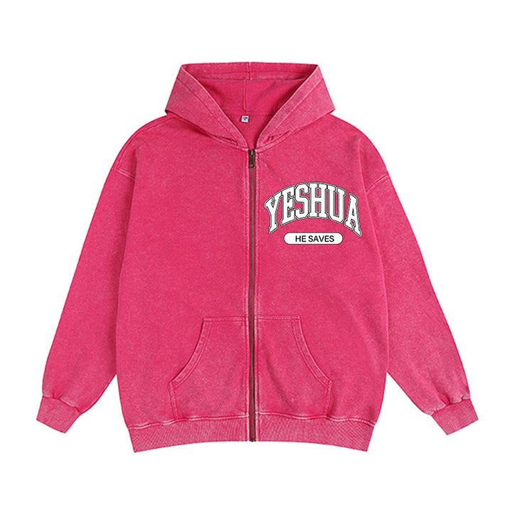 Christianartworkshop YESHUA He Saves Graphic Zip-Up Hooded Jacket: Blend of Faith & Casual Fashion - Rose - 2XL - image 10