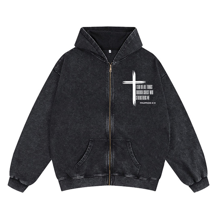 Christianartworkshop Philippians 4:13 Cross Zip-Up Hooded Jacket: Biblical Inspiration in Casual Wear - Black - 2XL - image 7