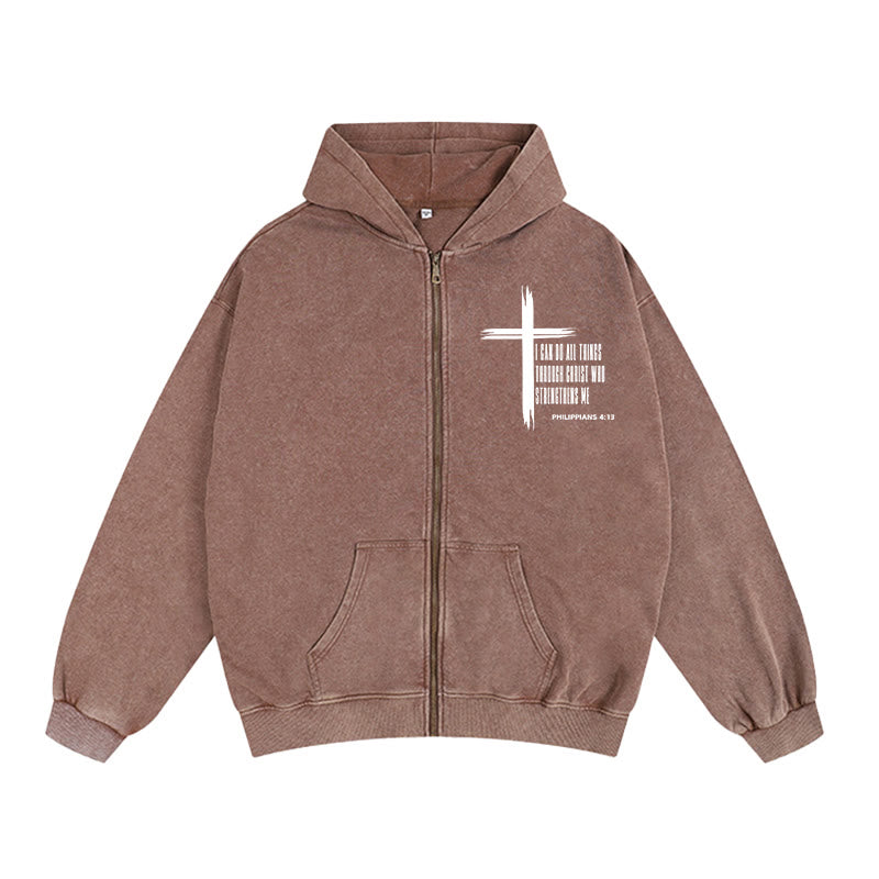 Christianartworkshop Philippians 4:13 Cross Zip-Up Hooded Jacket: Biblical Inspiration in Casual Wear - Coffee - 2XL - image 2