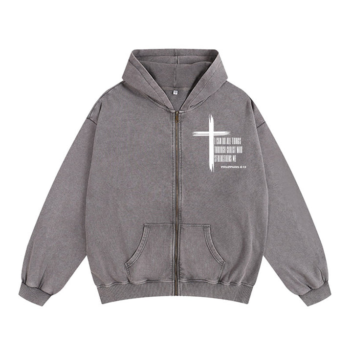 Christianartworkshop Philippians 4:13 Cross Zip-Up Hooded Jacket: Biblical Inspiration in Casual Wear - Grey - 2XL - image 10