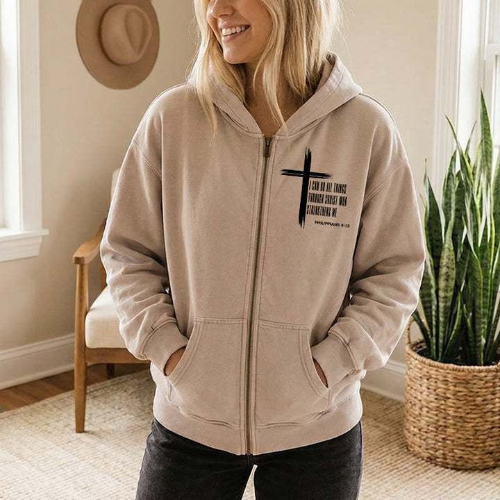 Christianartworkshop Philippians 4:13 Cross Zip-Up Hooded Jacket: Biblical Inspiration in Casual Wear - image 5