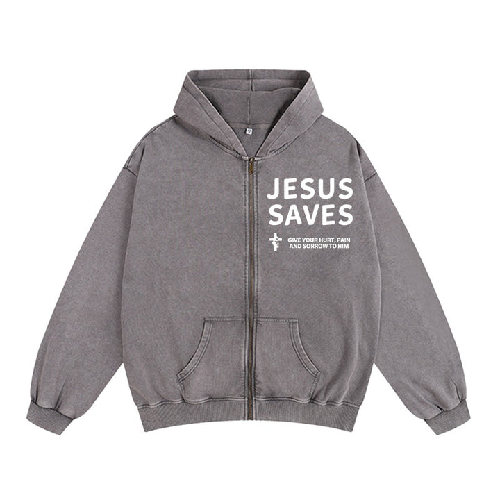 Christianartworkshop Jesus Saves Devotion Zip-Up Hooded Jacket: Express Faith in Daily Life with Ease - Grey - 2XL - image 6