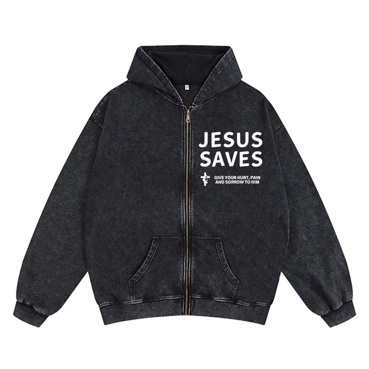 Christianartworkshop Jesus Saves Devotion Zip-Up Hooded Jacket: Express Faith in Daily Life with Ease - Black - 2XL - image 0