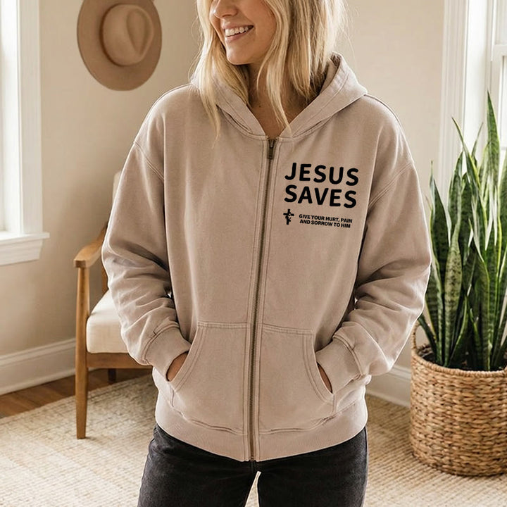 Christianartworkshop Jesus Saves Devotion Zip-Up Hooded Jacket: Express Faith in Daily Life with Ease - image 4