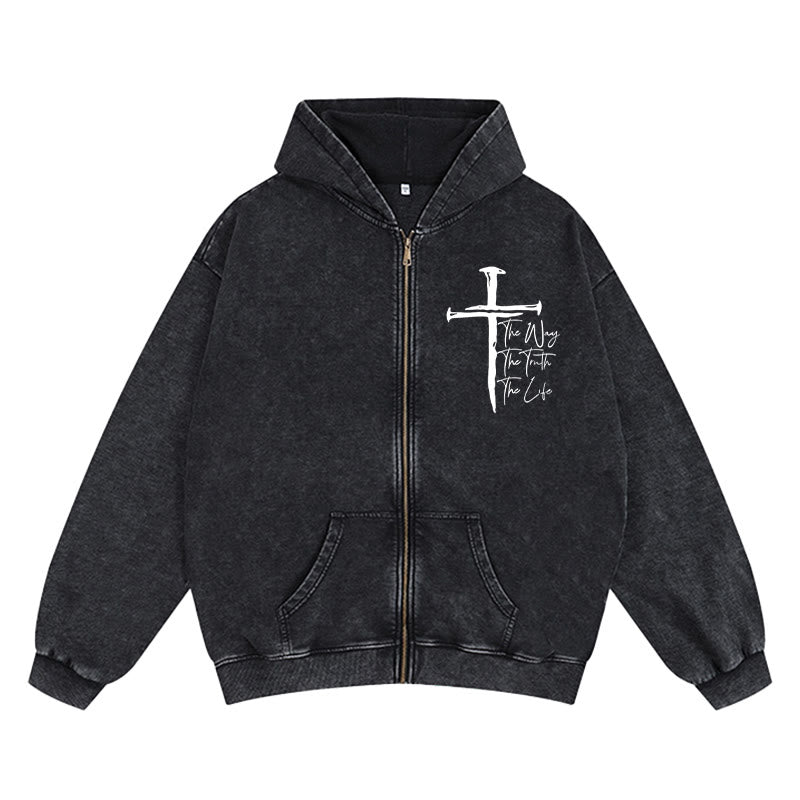Christianartworkshop Faith Path Cross Zip-Up Hooded Jacket: The Way The Truth The Life in Casual Wear - Black - 2XL - image 3