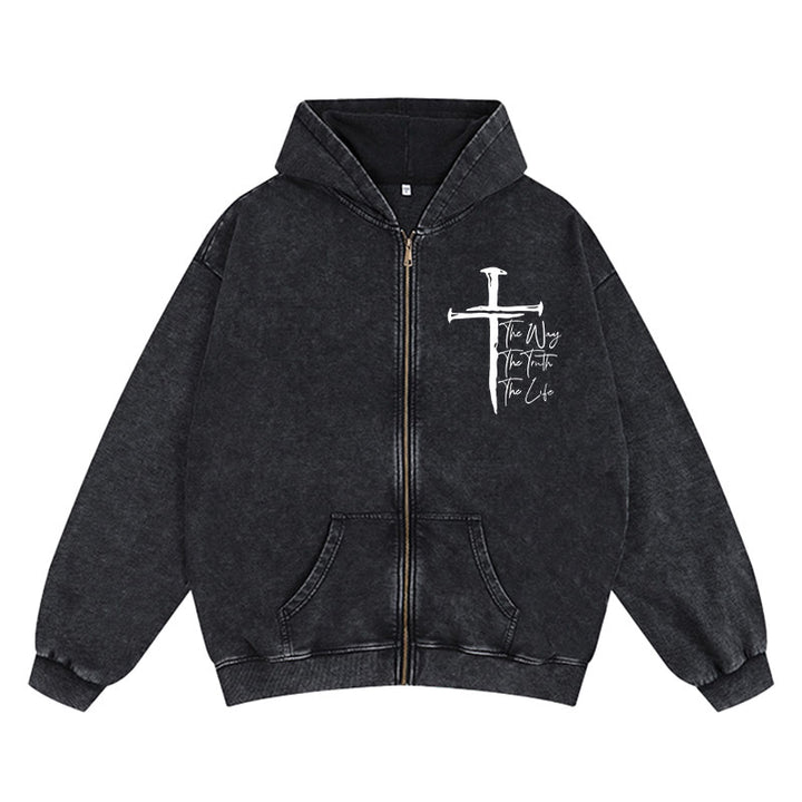 Christianartworkshop Faith Path Cross Zip-Up Hooded Jacket: The Way The Truth The Life in Casual Wear - Black - 2XL - image 3