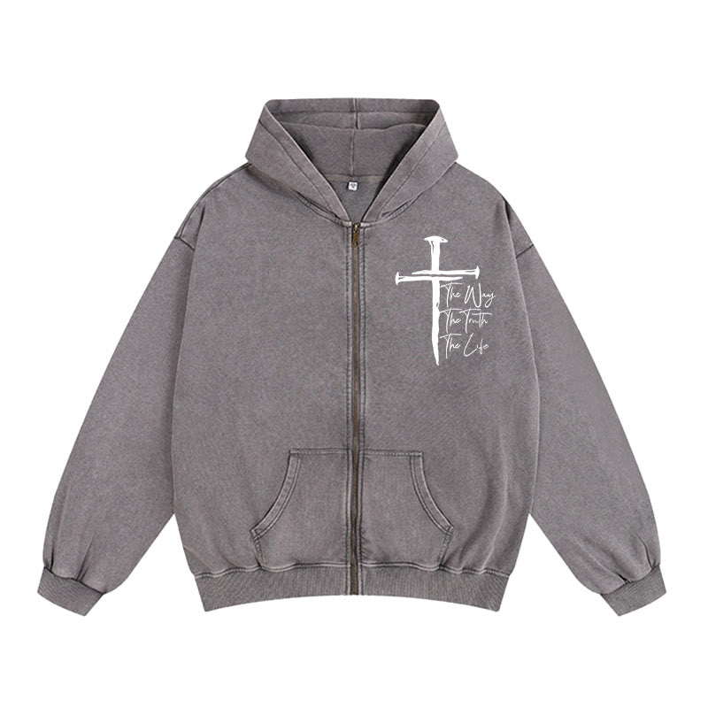 Christianartworkshop Faith Path Cross Zip-Up Hooded Jacket: The Way The Truth The Life in Casual Wear - Grey - 2XL - image 10