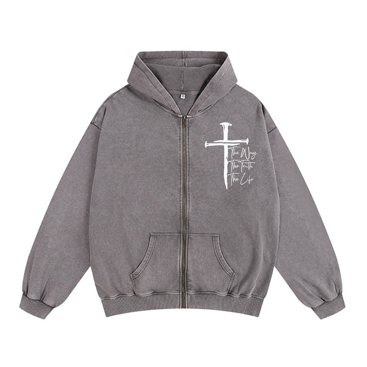Christianartworkshop Faith Path Cross Zip-Up Hooded Jacket: The Way The Truth The Life in Casual Wear - Grey - 2XL - image 10