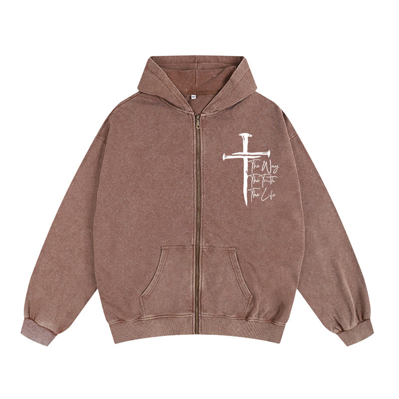 Christianartworkshop Faith Path Cross Zip-Up Hooded Jacket: The Way The Truth The Life in Casual Wear - Coffee - 2XL - image 8