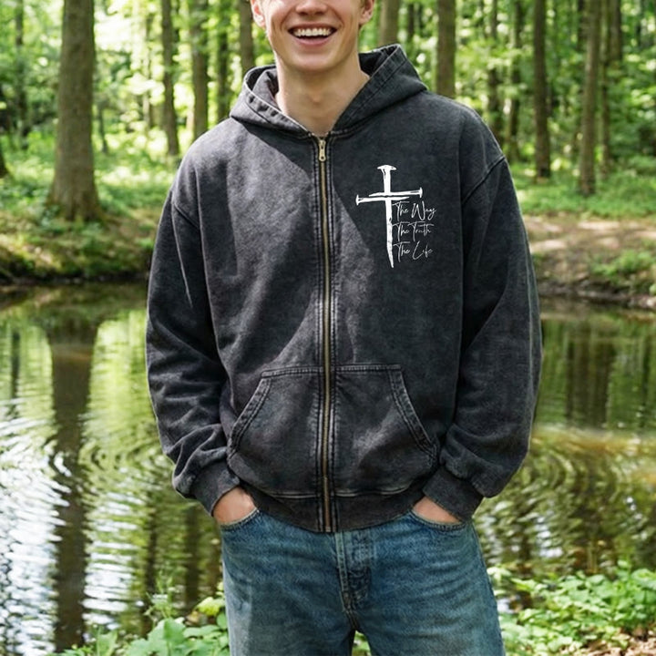 Christianartworkshop Faith Path Cross Zip-Up Hooded Jacket: The Way The Truth The Life in Casual Wear - image 4