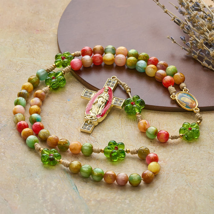 Christianartworkshop Green Flower Glass & Pastel Cat Eye Rosary with Our Lady Faith Cross - image 3