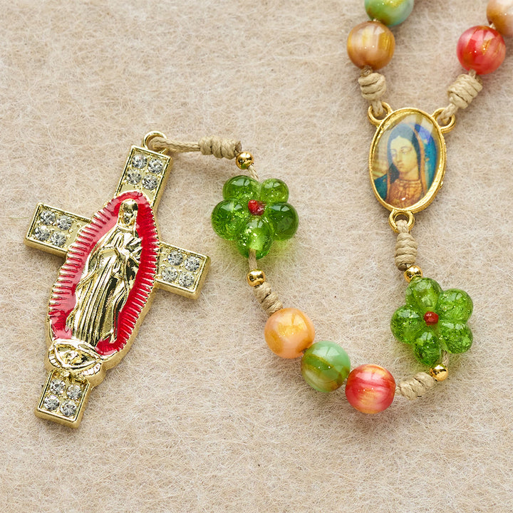 Christianartworkshop Green Flower Glass & Pastel Cat Eye Rosary with Our Lady Faith Cross - image 5